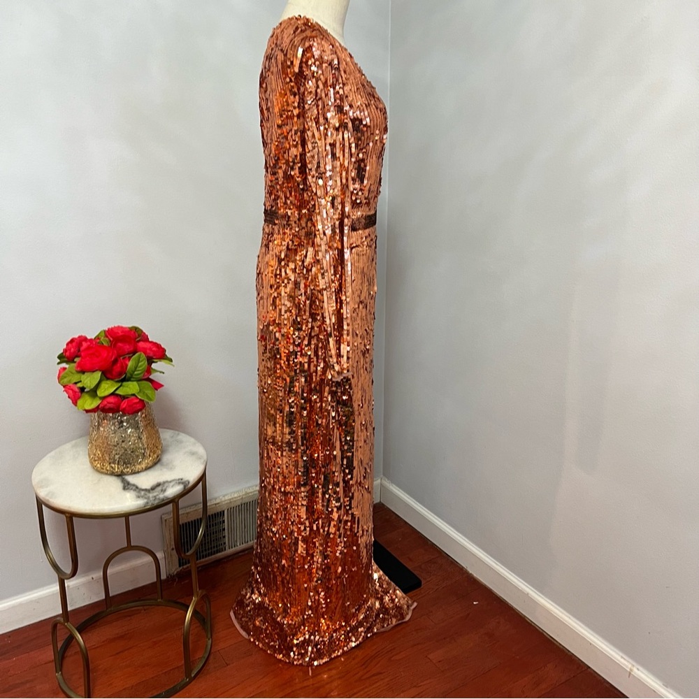 MAC DUGGAL Copper Long Sleeve One Shoulder Sequin Gown With Slit - New W/Tag - Picture 12 of 17